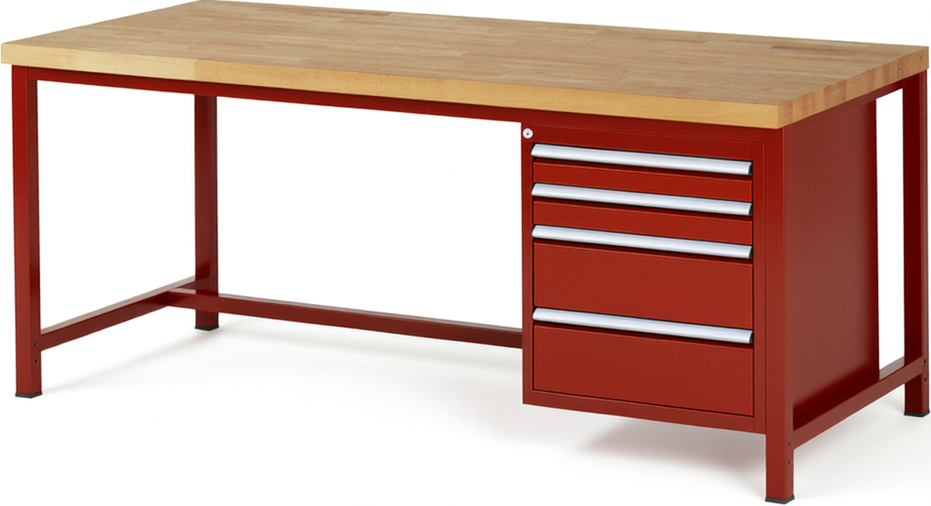 Werkbank Modell 8161 rot, BxTxH 2000x900x840-1040 mm,  Buche-Massiv Arbeitsplatte 40 mm,  4 Schubladen mit  Vollauszug 100 % und  SoftClosing