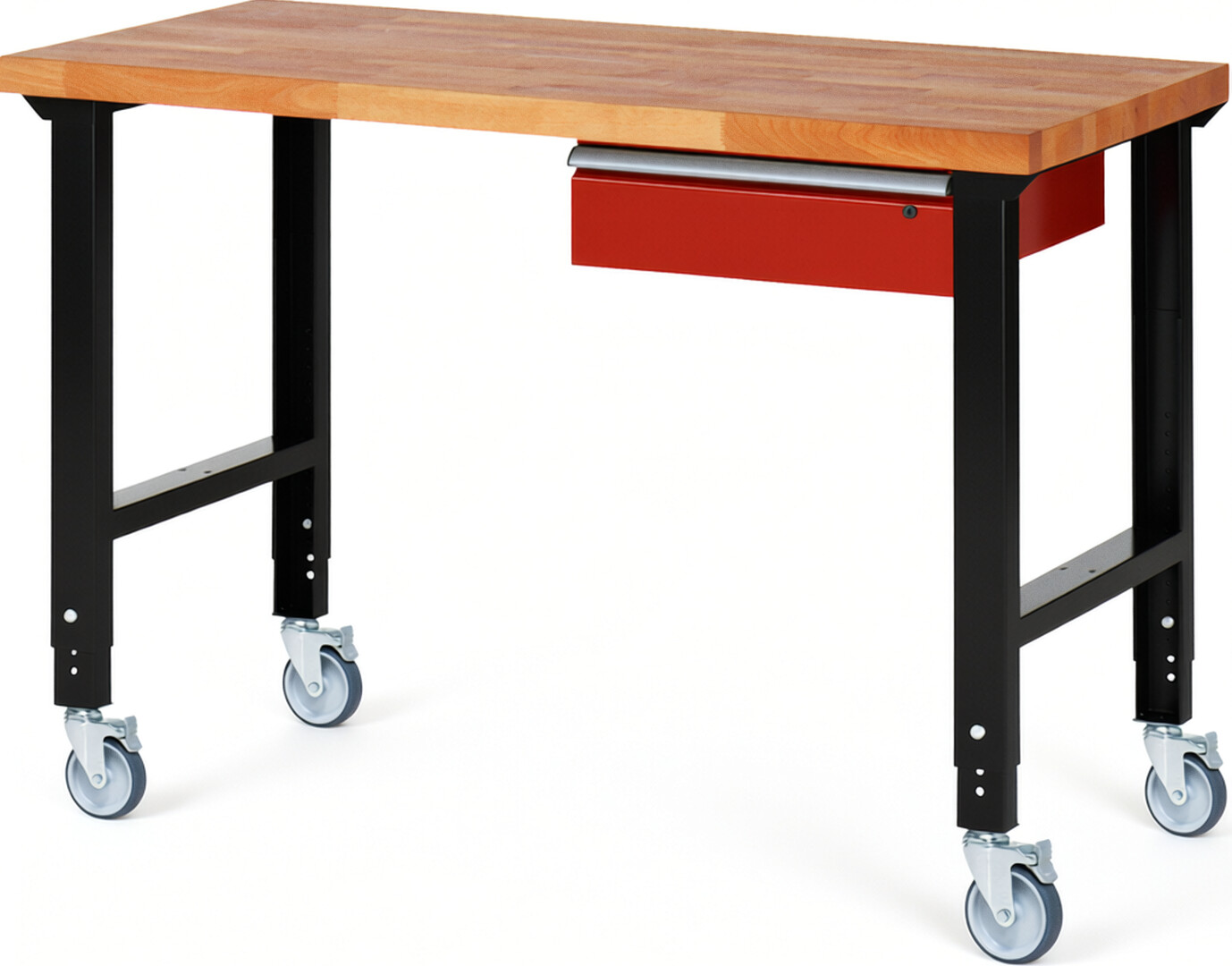 Fahrbare Werkbank Modell 7001 schwarz-rot, BxTxH 1500x700x950-1000 mm,  Buche-Massiv Arbeitsplatte 40 mm,  1 Schublade mit  Auszug 90 %