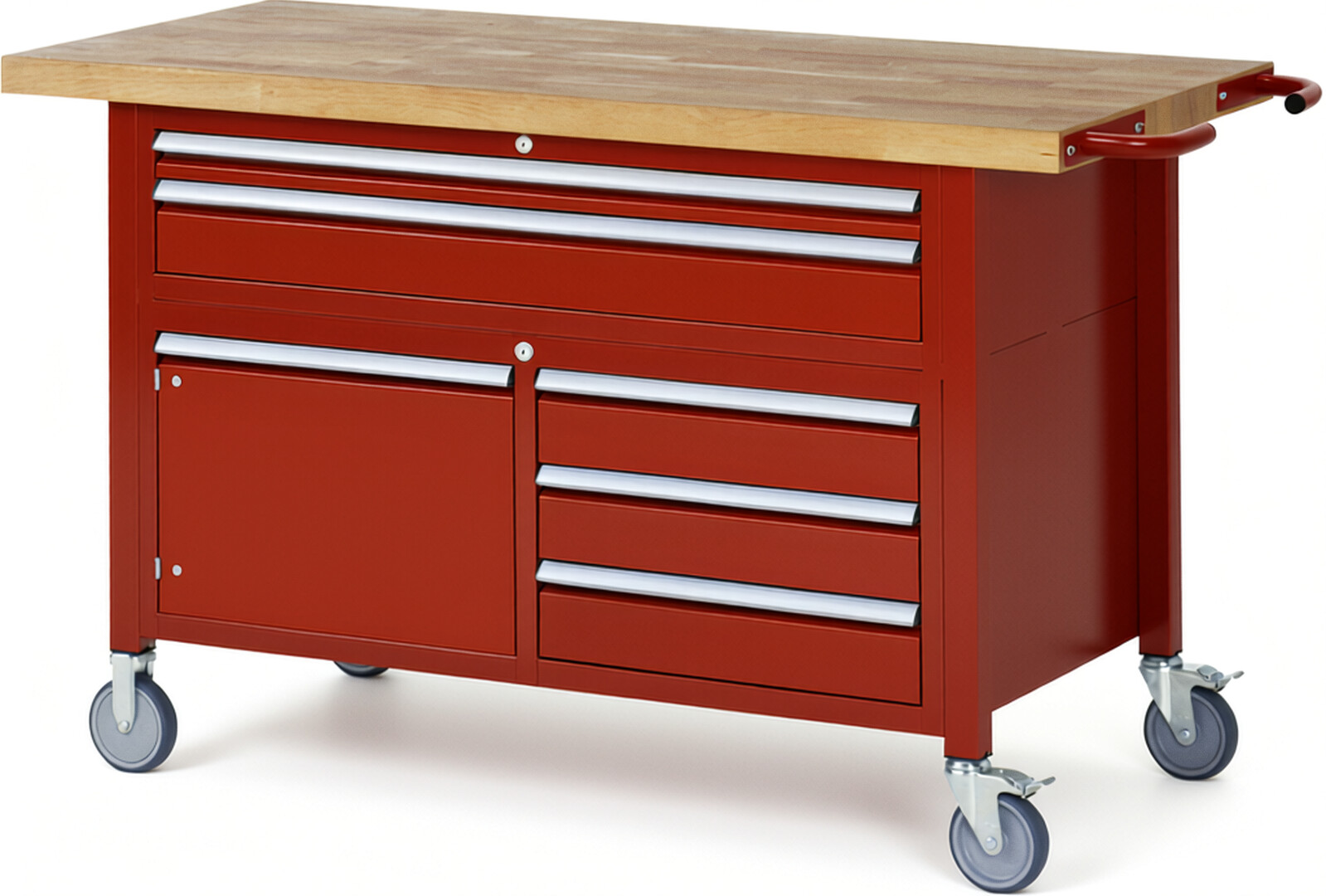 Fahrbare Werkbank Modell 8922 rot, BxTxH 1500x700x920-1120 mm,  Buche-Massiv Arbeitsplatte 40 mm,  5 Schubladen mit  Vollauszug 100 % und  SoftClosing