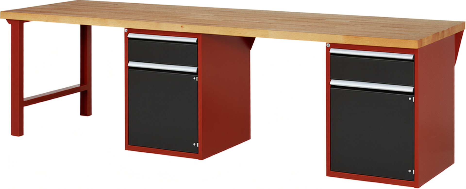 Werkbank Modell 7502 rot - schwarz, BxTxH 3000x900x890 mm,  Buche-Massiv Arbeitsplatte 40 mm,  2 Schubladen mit  Vollauszug 100 % und  SoftClosing