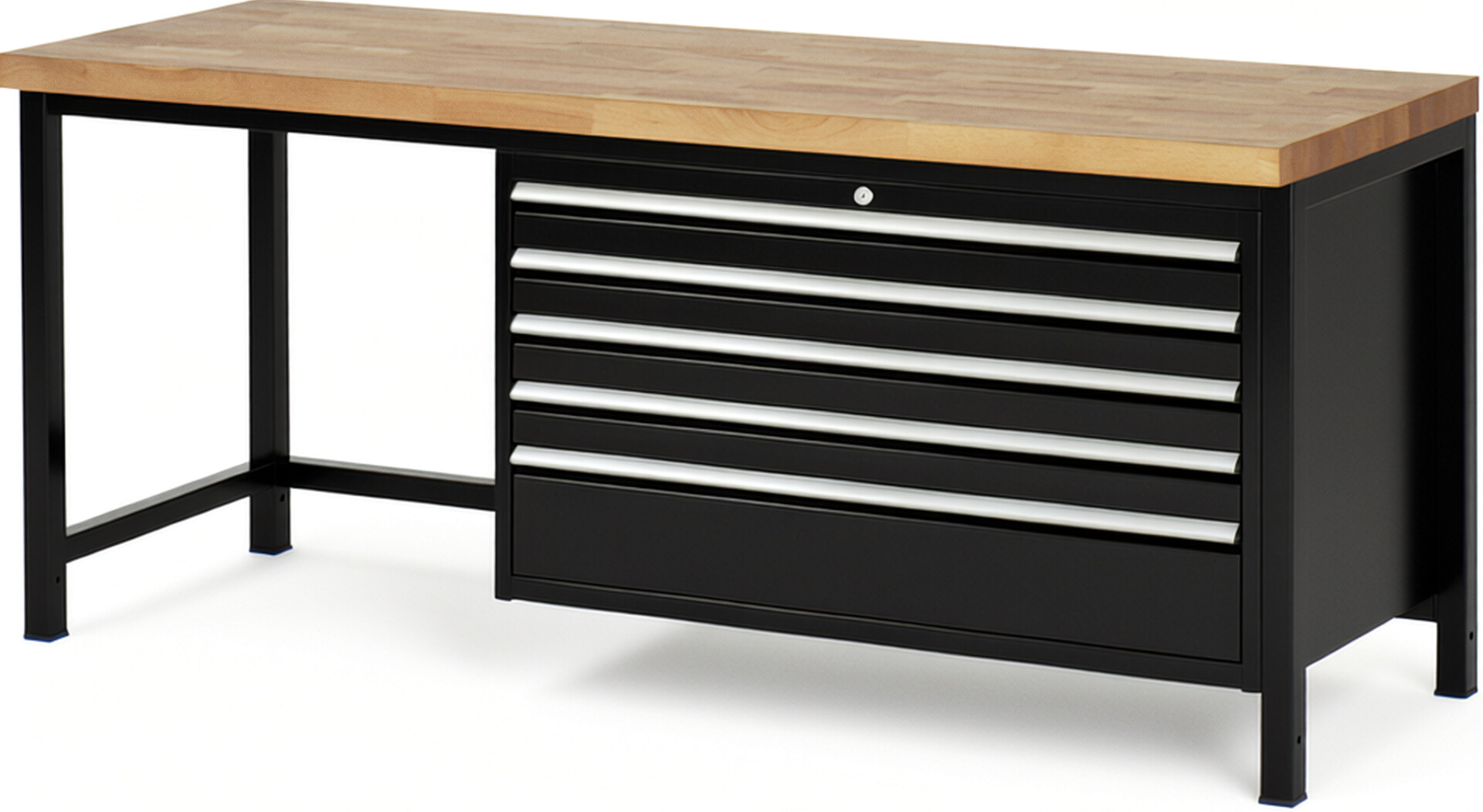 Werkbank Modell 8368 schwarz, BxTxH 2000x700x840 mm,  Buche-Massiv Arbeitsplatte 40 mm,  5 Schubladen mit  Vollauszug 100 % und  SoftClosing