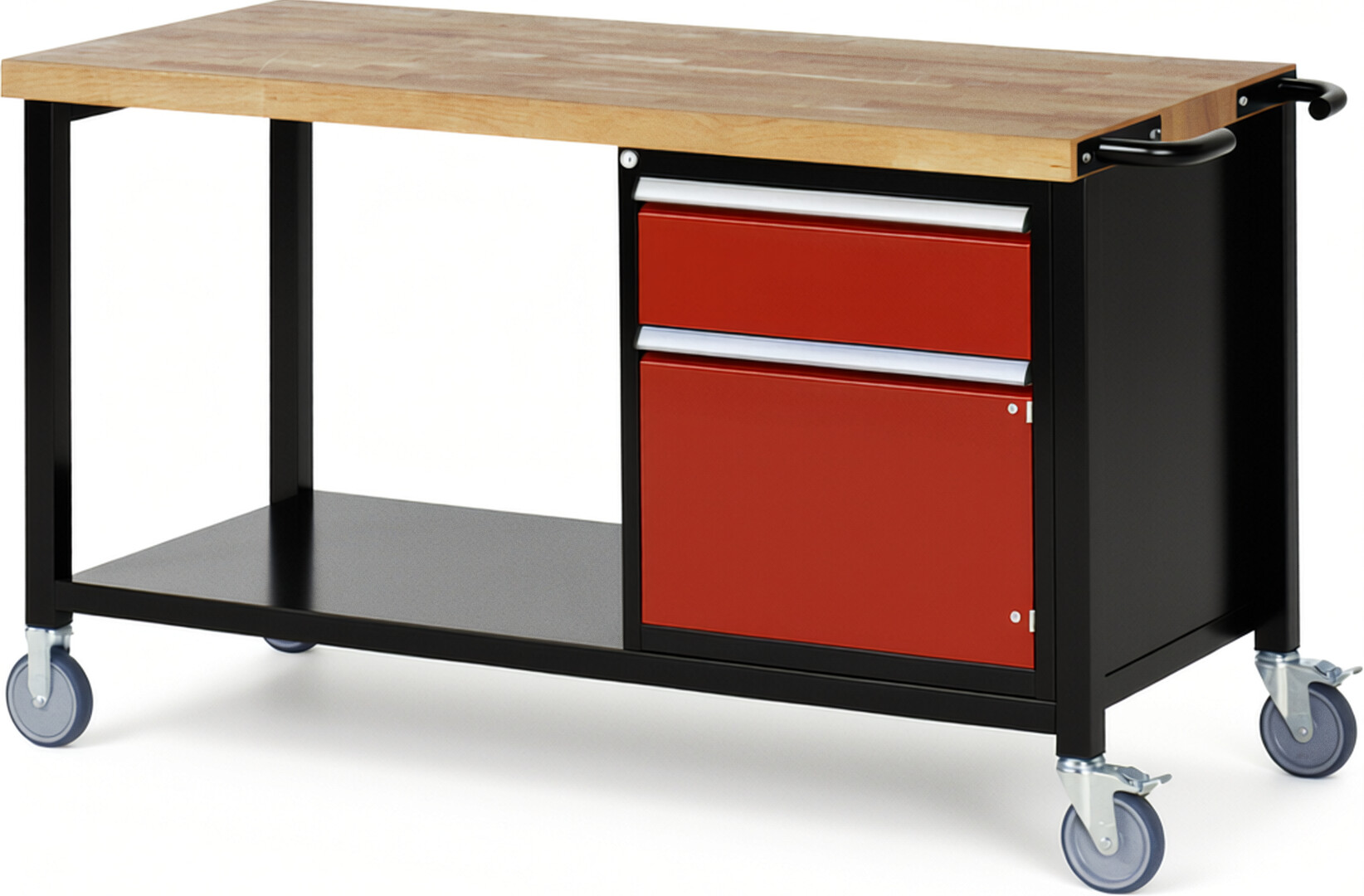 RAU Werkbank schwarz - rot - Breite 150 cm - Tiefe 70 cm - Höhe 108 cm - Buche-Massiv Arbeitsplatte 40 mm