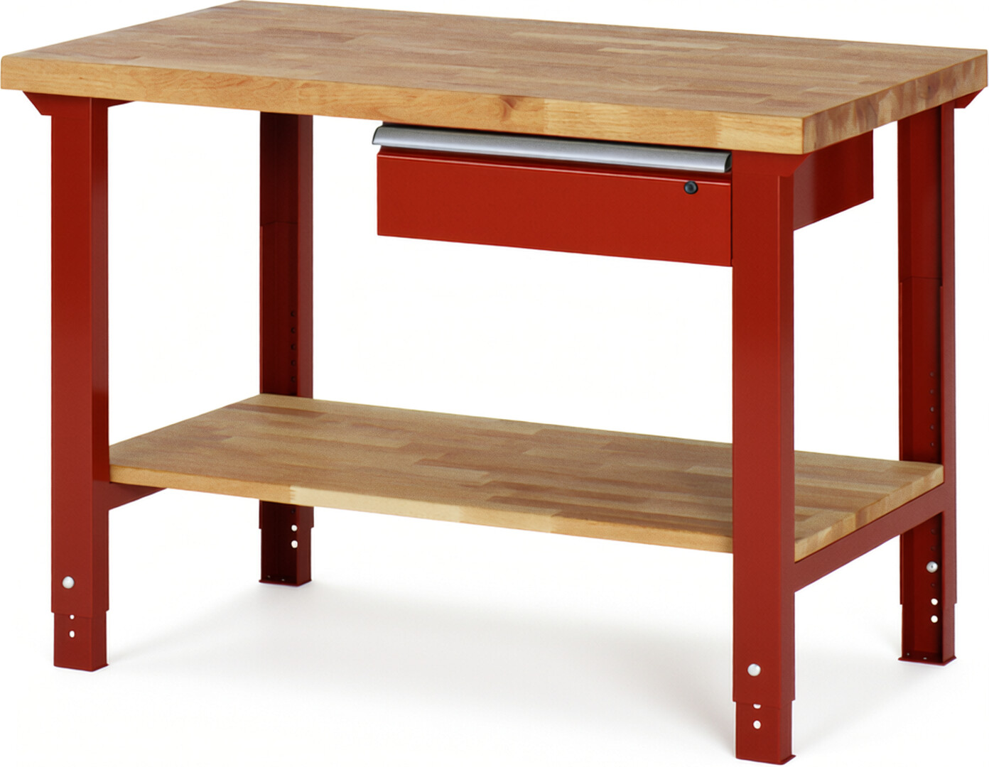 Werkbank Modell 7001 rot, BxTxH 1250x700x790-1140 mm,  Buche-Massiv Arbeitsplatte 40 mm,  1 Schublade mit  Auszug 90 %