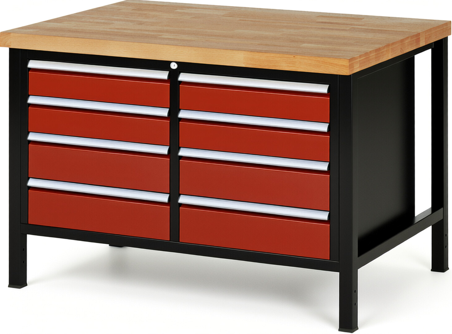 RAU Werkbank schwarz - rot - Breite 125 cm - Tiefe 90 cm - Höhe 104 cm - Buche-Massiv Arbeitsplatte 40 mm