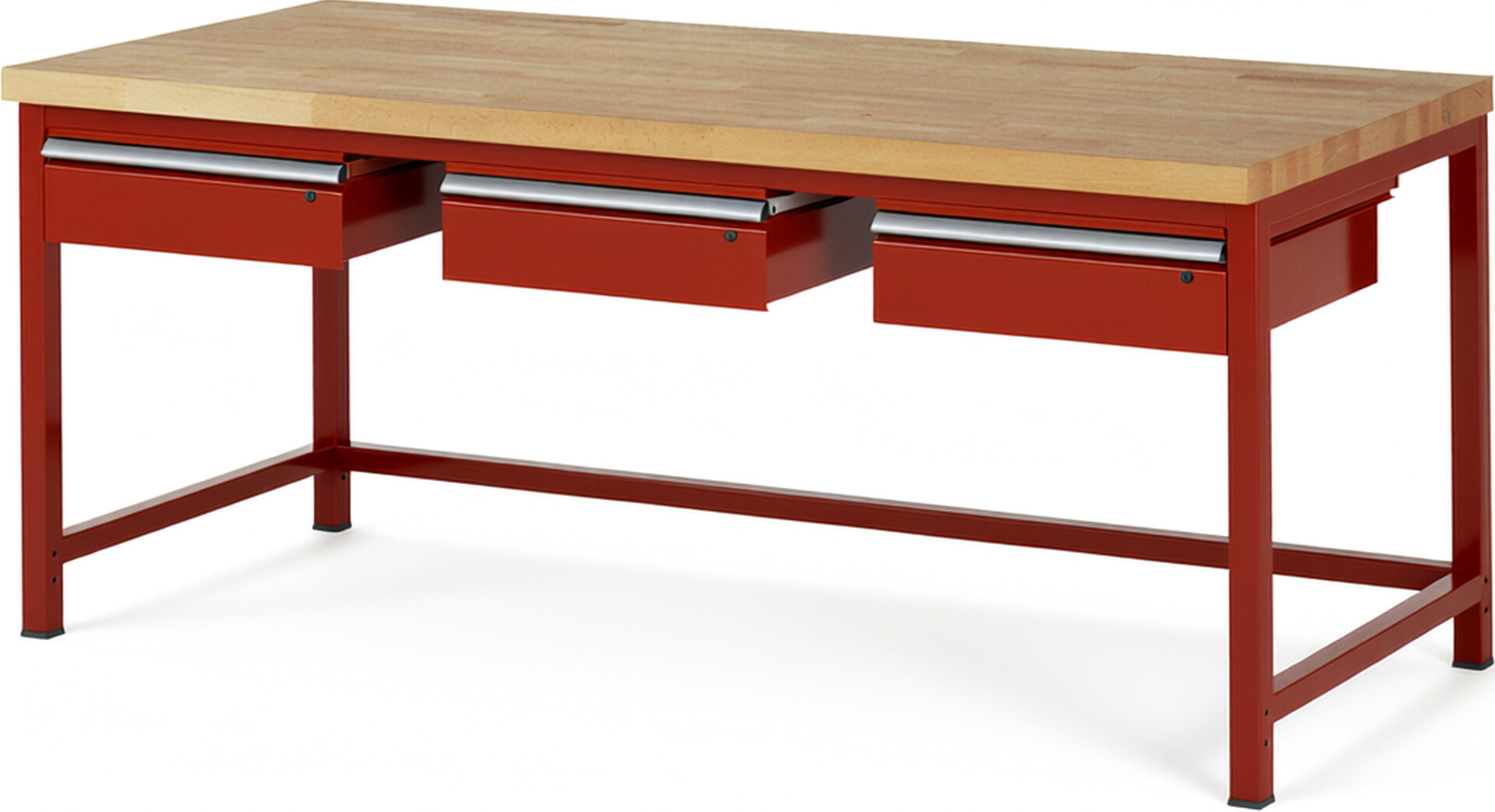 Werkbank Modell 8003 rot, BxTxH 2000x900x840-1040 mm,  Buche-Massiv Arbeitsplatte 40 mm,  3 Schubladen mit  Auszug 90 %