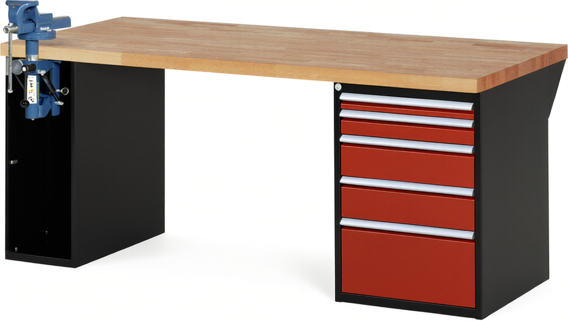 RAU Werkbank schwarz - rot - Breite 200 cm - Tiefe 90 cm - Höhe 89 cm - Buche-Massiv Arbeitsplatte 40 mm