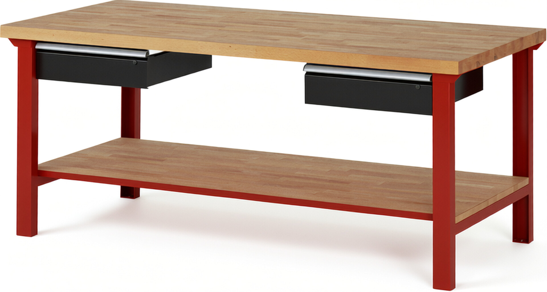 RAU Werkbank rot - schwarz - Breite 200 cm - Tiefe 90 cm - Höhe 84 cm - Buche-Massiv Arbeitsplatte 40 mm