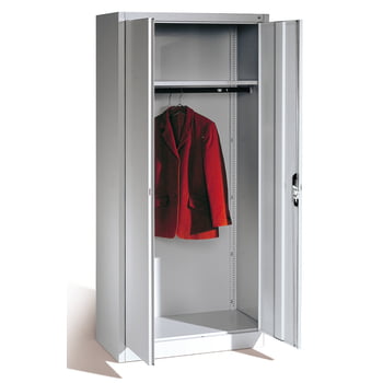 Garderobenschrank aus Stahl mit Hutablage und Kleiderstange, abschließbar, Korpusfarbe lichtgrau, Türfarbe enzianblau, BxTxH 930x500x1950 mm