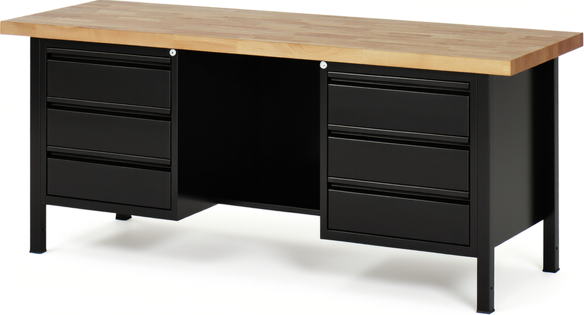 RAU Werkbank schwarz - Breite 200 cm - Tiefe 70 cm - Höhe 84 cm - Buche-Massiv Arbeitsplatte 40 mm