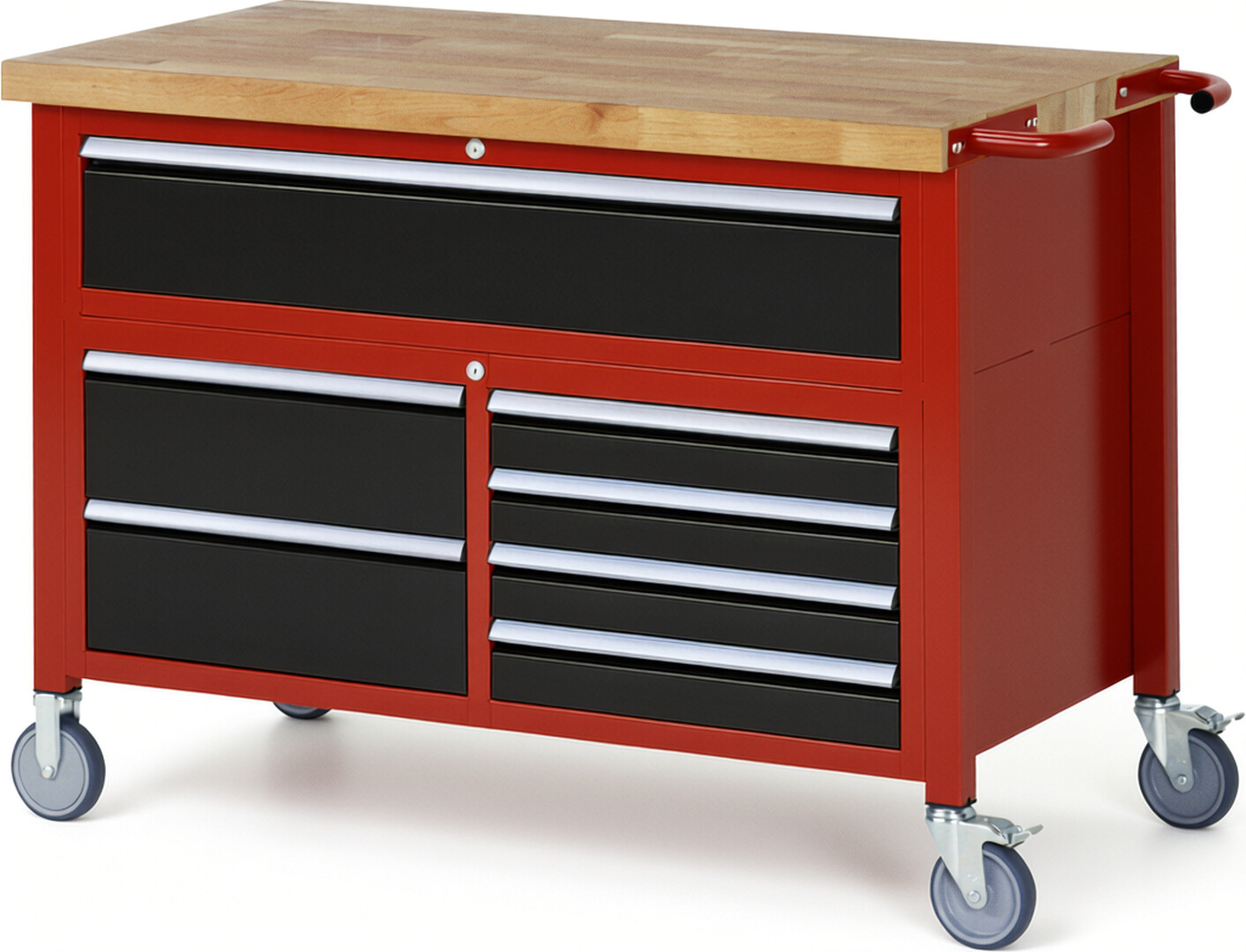 Fahrbare Werkbank Modell 8921 rot - schwarz, BxTxH 1250x700x920 mm,  Buche-Massiv Arbeitsplatte 40 mm,  7 Schubladen mit  Vollauszug 100 % und  SoftClosing