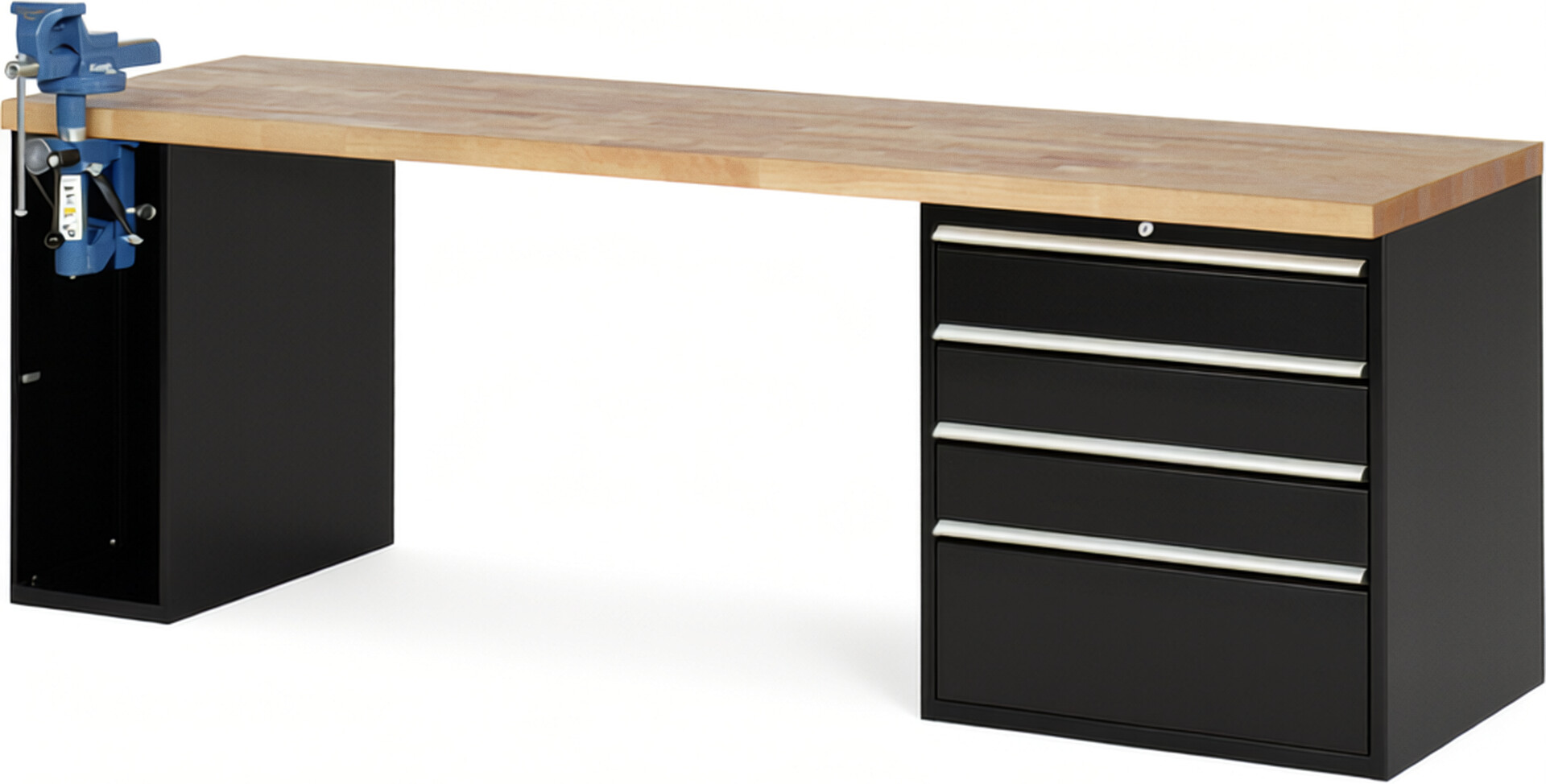 Werkbank Modell 7610 schwarz, BxTxH 2500x700x840 mm,  Buche-Massiv Arbeitsplatte 40 mm,  4 Schubladen mit  Vollauszug 100 % und  SoftClosing