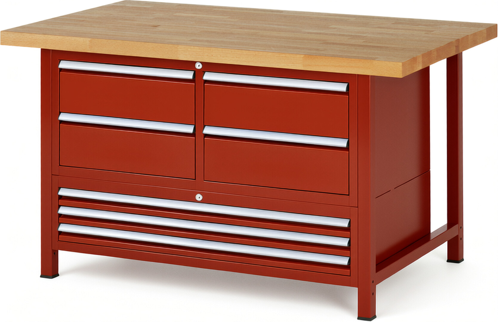 RAU Werkbank rot - Breite 150 cm - Tiefe 90 cm - Höhe 84 cm - Buche-Massiv Arbeitsplatte 40 mm