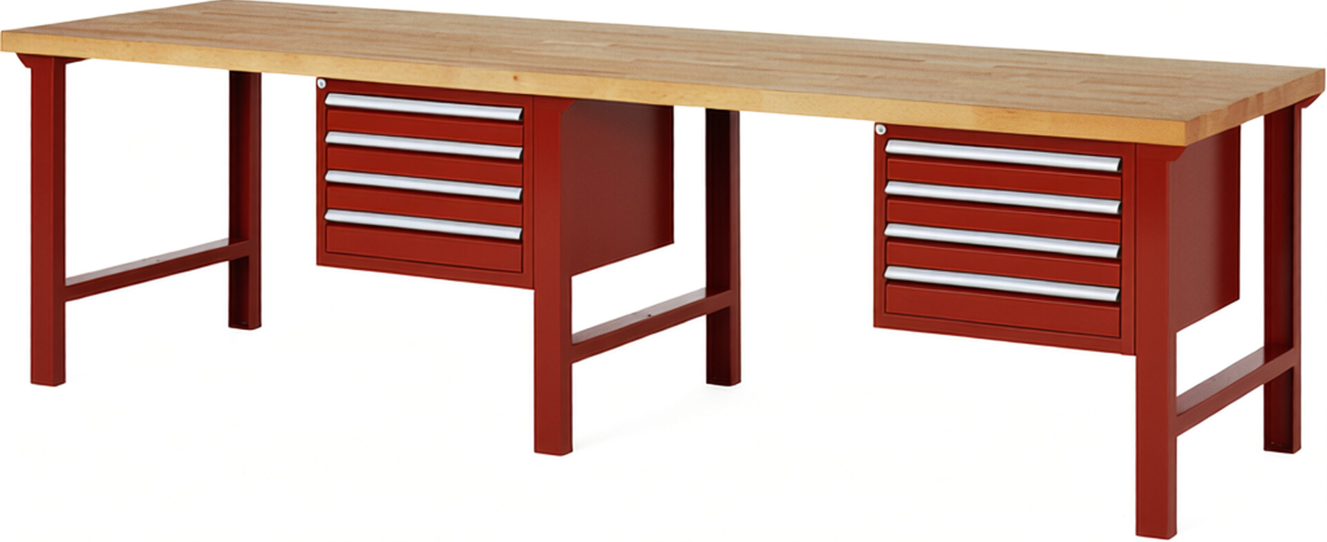 RAU Werkbank rot - Breite 300 cm - Tiefe 90 cm - Höhe 84 cm - Buche-Massiv Arbeitsplatte 40 mm