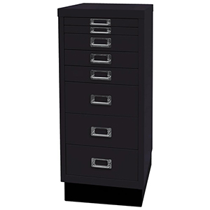 Schubladenschrank aus Stahl, BxTxH 279x380x670 mm, 8 Schubladen 2x25, 3x51, 3x102 mm, DIN A4, Sockel 80 mm hoch, schwarz