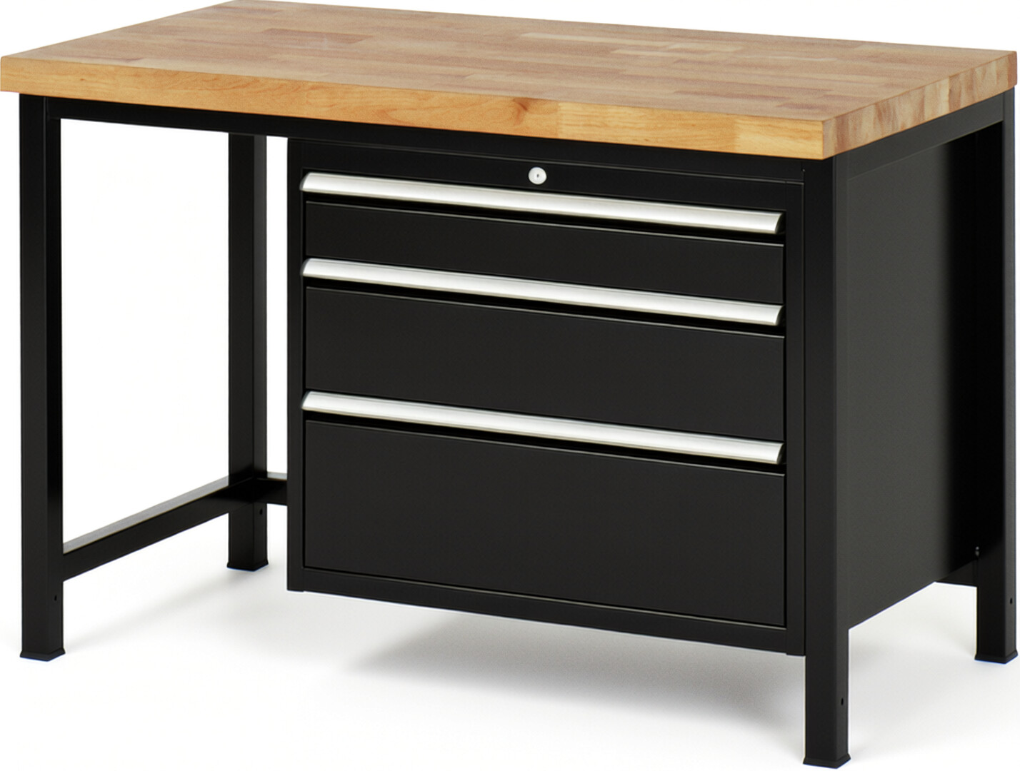 Werkbank Modell 8259 schwarz, BxTxH 1250x700x840-1040 mm,  Buche-Massiv Arbeitsplatte 40 mm,  3 Schubladen mit  Auszug 90 %