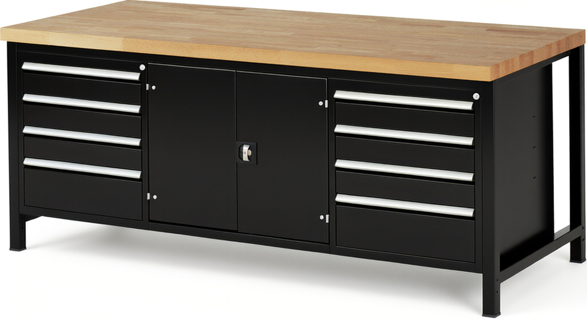 Werkbank Modell 8909 schwarz, BxTxH 2000x900x840-1040 mm,  Buche-Massiv Arbeitsplatte 40 mm,  8 Schubladen mit  Auszug 90 %