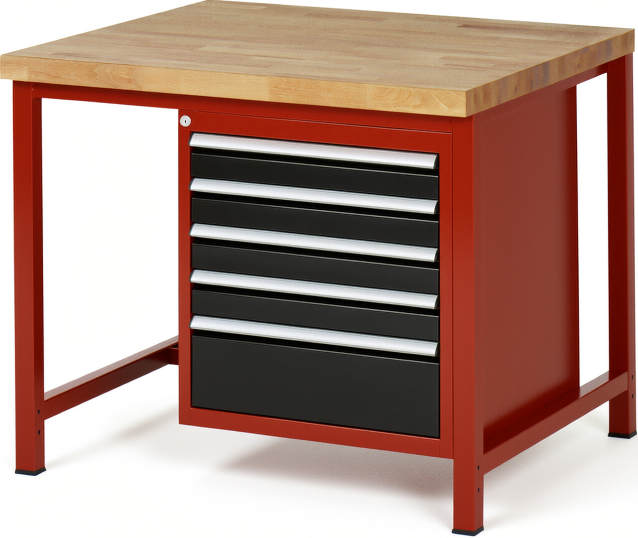 Werkbank Modell 8168 rot - schwarz, BxTxH 1000x900x840-1040 mm,  Buche-Massiv Arbeitsplatte 40 mm,  5 Schubladen mit  Vollauszug 100 % und  SoftClosing