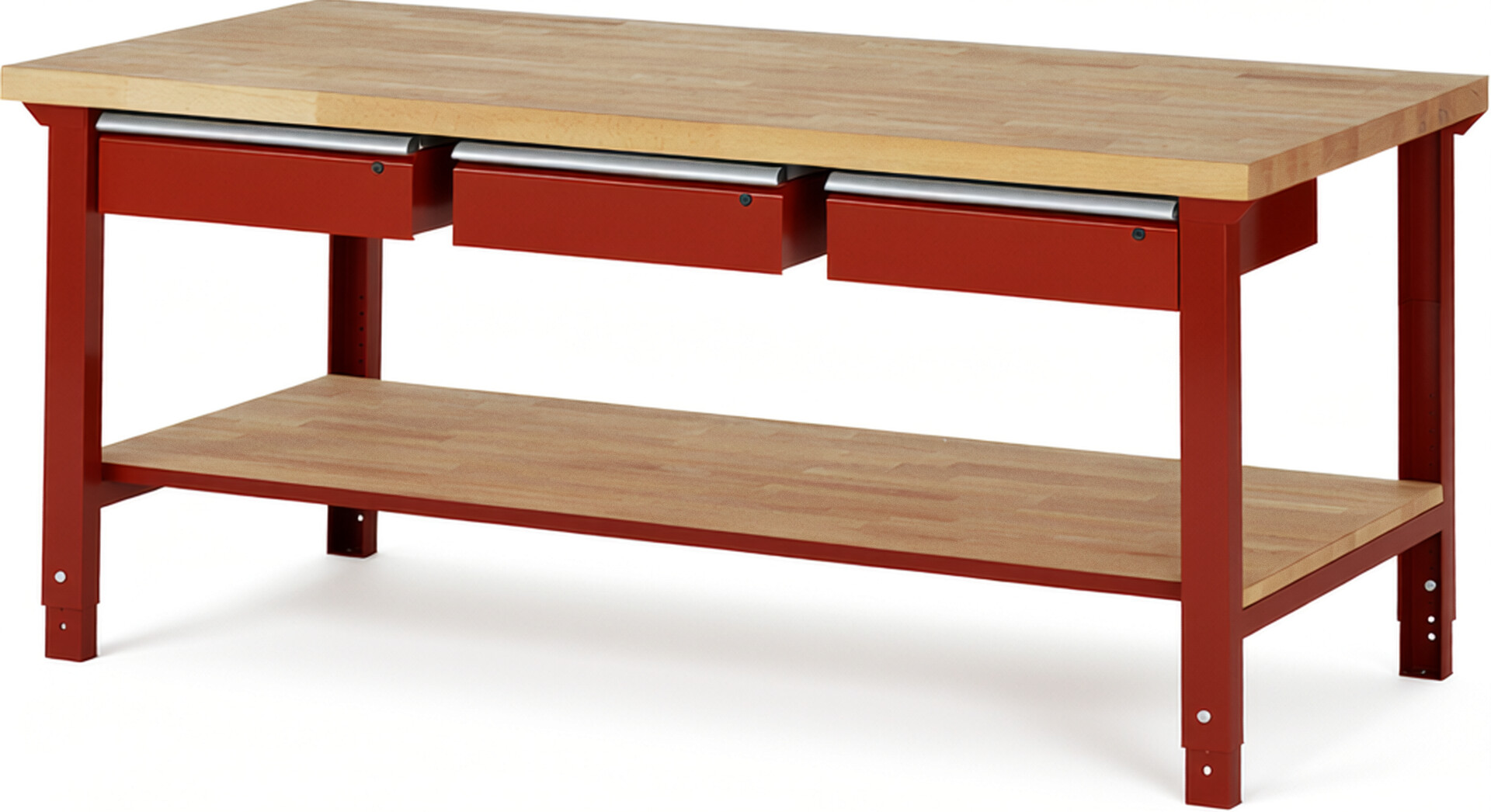 RAU Werkbank rot - Breite 200 cm - Tiefe 90 cm - Höhe 114 cm - Buche-Massiv Arbeitsplatte 40 mm