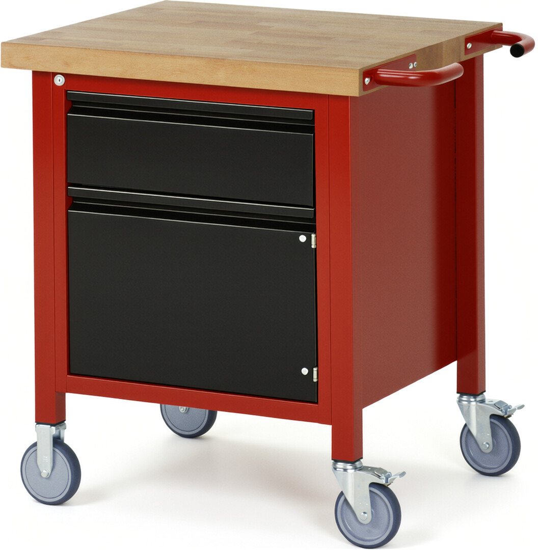 Fahrbare Werkbank - Modell 8002 BASIC rot - schwarz, BxTxH 750x700x880 mm,  Buche-Massiv Arbeitsplatte 40 mm,  1 Schublade mit  Auszug 90 %