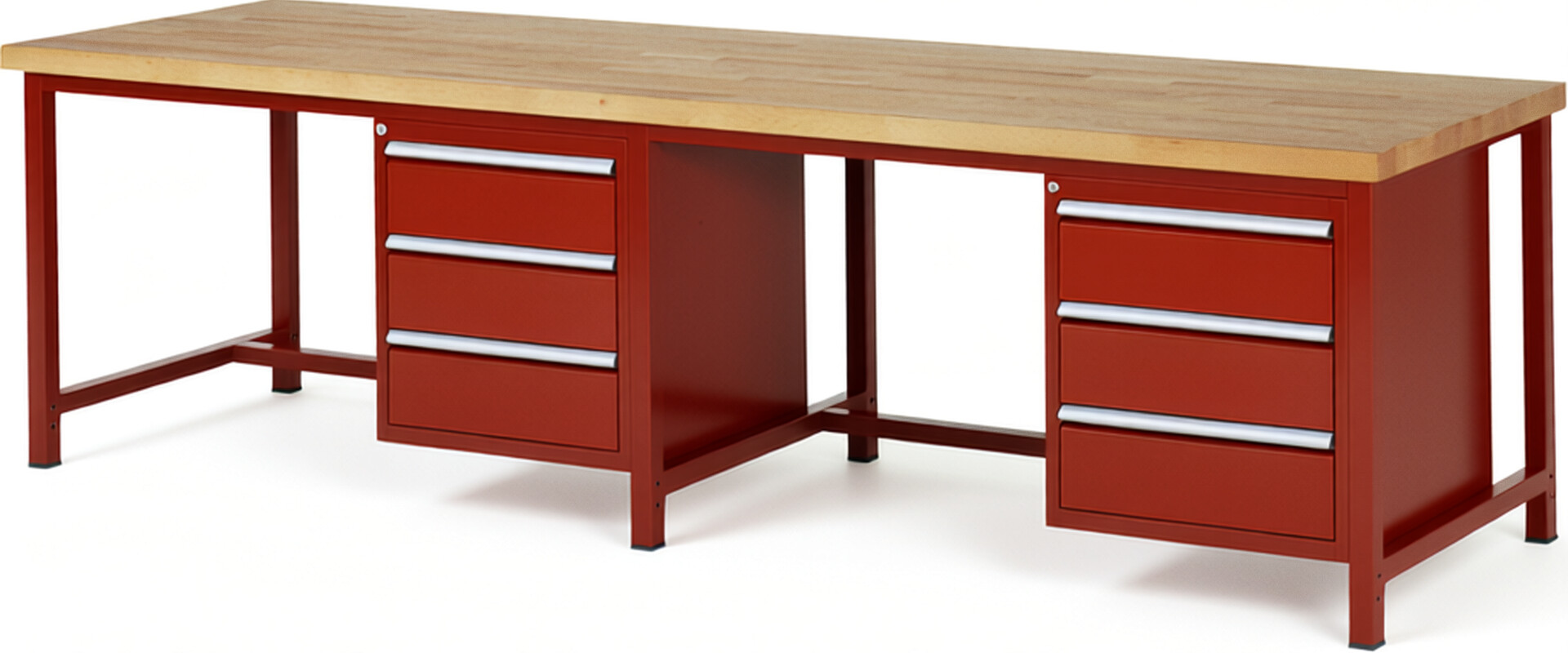 Werkbank Modell 8157 rot, BxTxH 3000x900x840 mm,  Buche-Massiv Arbeitsplatte 40 mm,  6 Schubladen mit  Vollauszug 100 % und  SoftClosing
