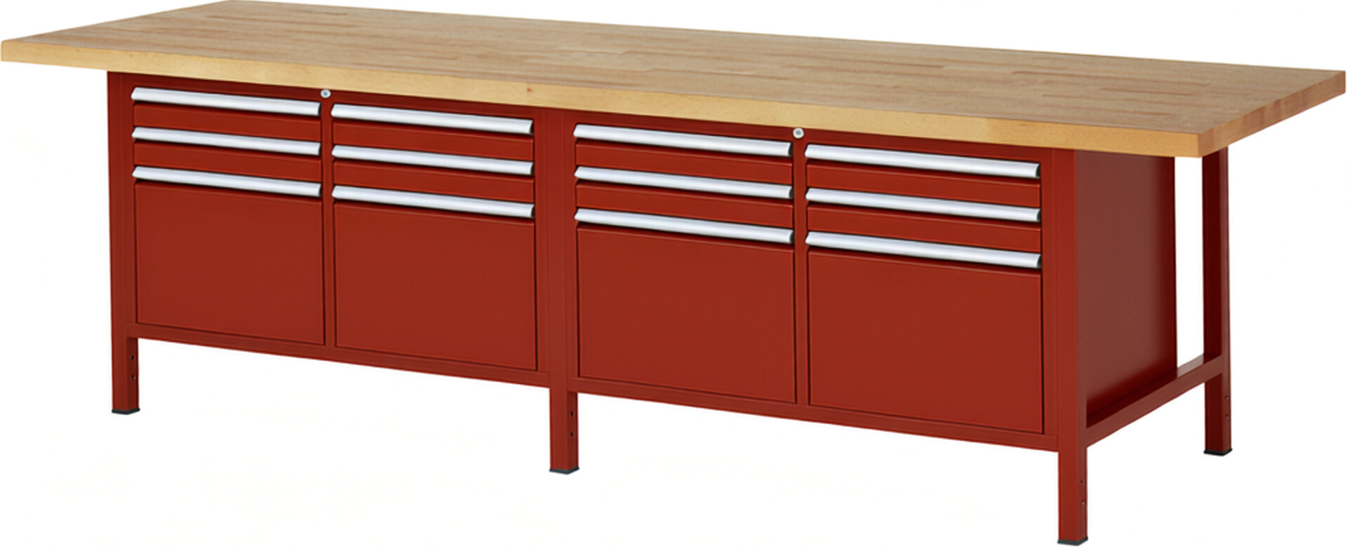 Werkbank Modell 8474 rot, BxTxH 3000x900x840-1040 mm,  Buche-Massiv Arbeitsplatte 40 mm,  12 Schubladen mit  Auszug 90 %