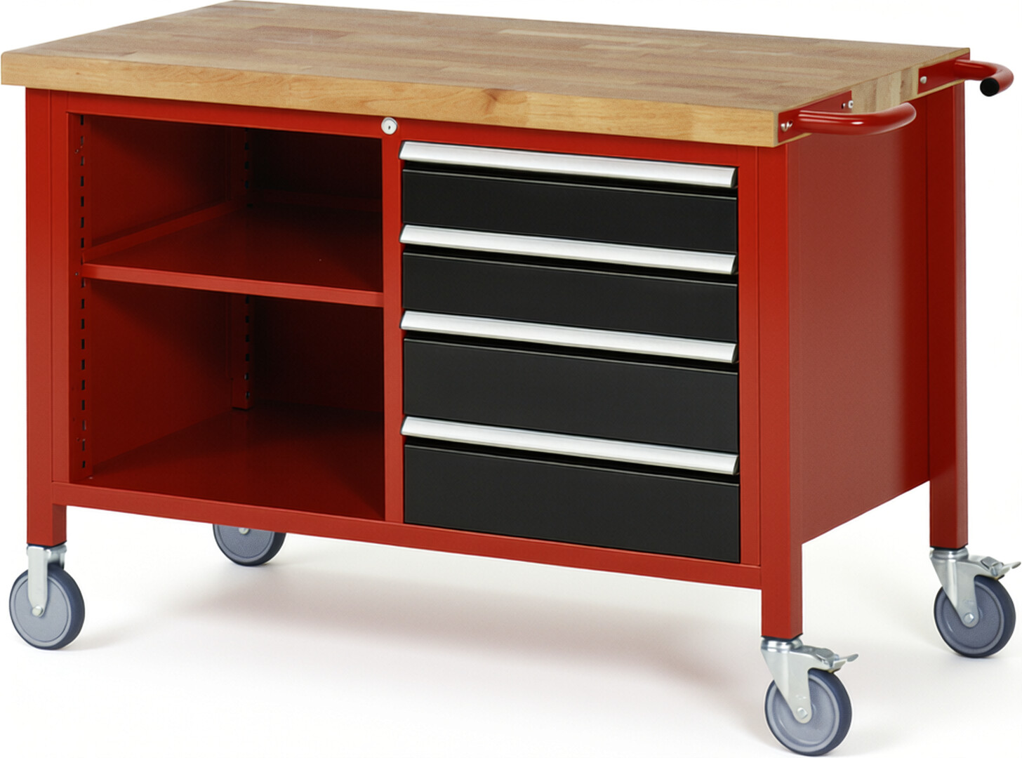 Fahrbare Werkbank Modell 8463 rot - schwarz, BxTxH 1250x700x880 mm,  Buche-Massiv Arbeitsplatte 40 mm,  4 Schubladen mit  Vollauszug 100 % und  SoftClosing