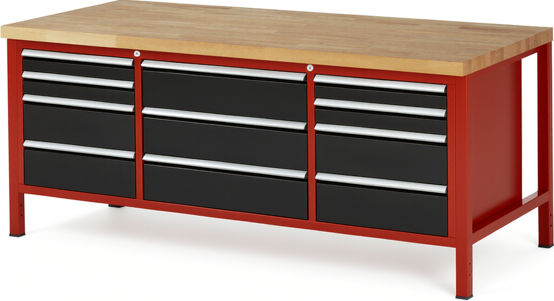 Werkbank Modell 8757 rot - schwarz, BxTxH 2000x900x840-1040 mm,  Buche-Massiv Arbeitsplatte 40 mm,  11 Schubladen mit  Auszug 90 %