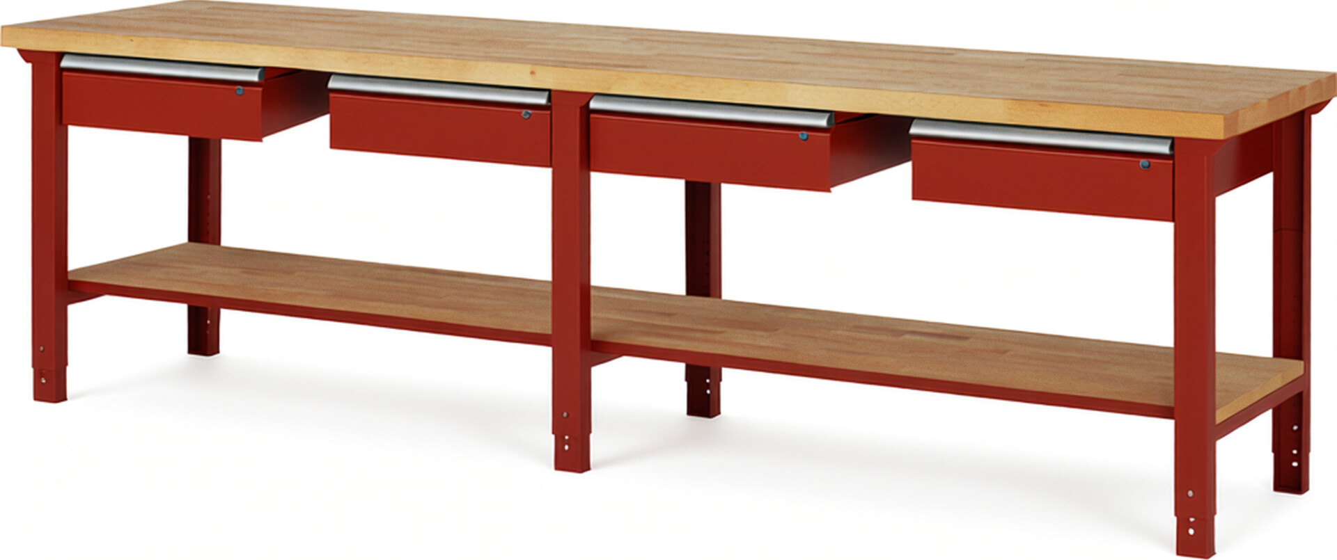 Werkbank Modell 7002 rot, BxTxH 3000x700x790-1140 mm,  Buche-Massiv Arbeitsplatte 40 mm,  4 Schubladen mit  Auszug 90 %