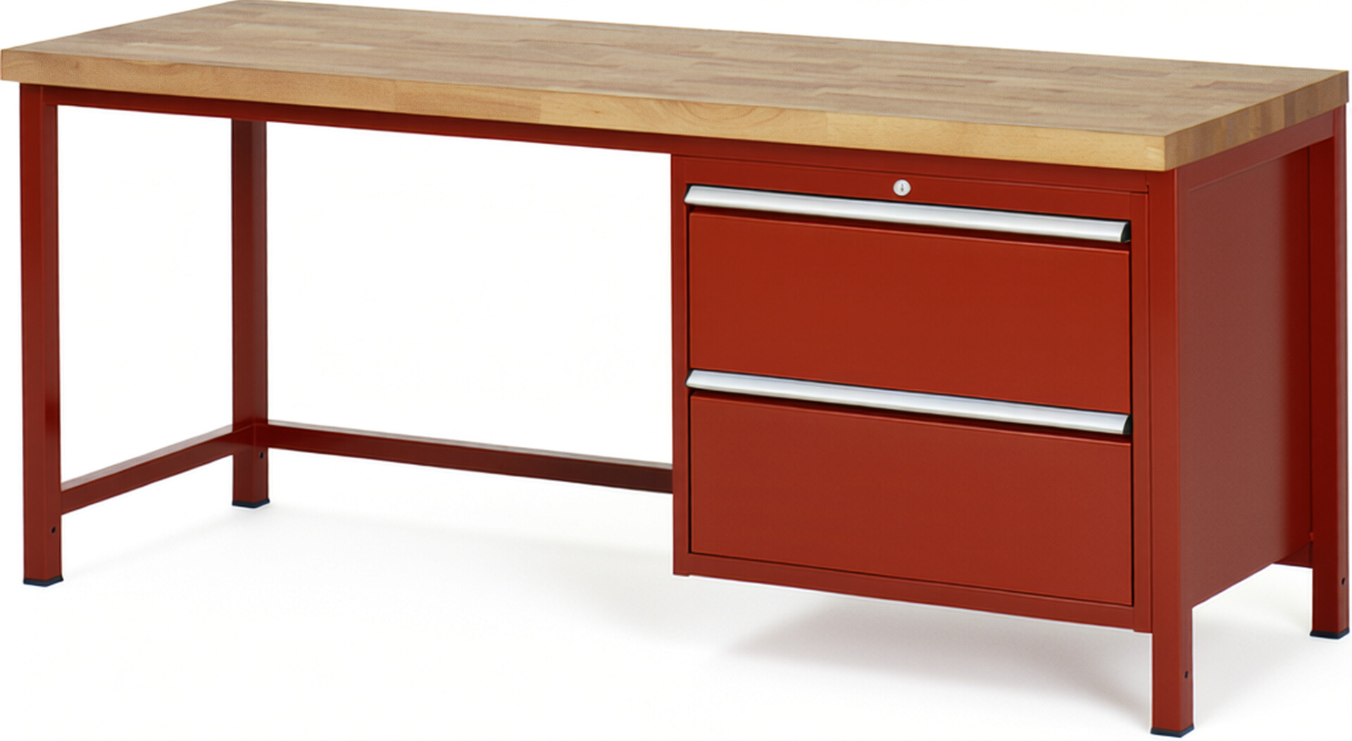 Werkbank Modell 8255 rot, BxTxH 2000x700x840 mm,  Buche-Massiv Arbeitsplatte 40 mm,  2 Schubladen mit  Auszug 90 %