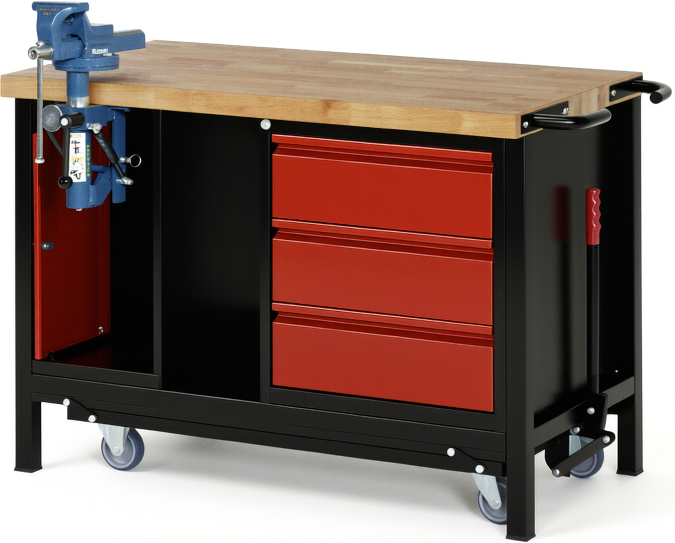 RAU Werkbank schwarz - rot - Breite 125 cm - Tiefe 70 cm - Höhe 88 cm - Buche-Massiv Arbeitsplatte 40 mm