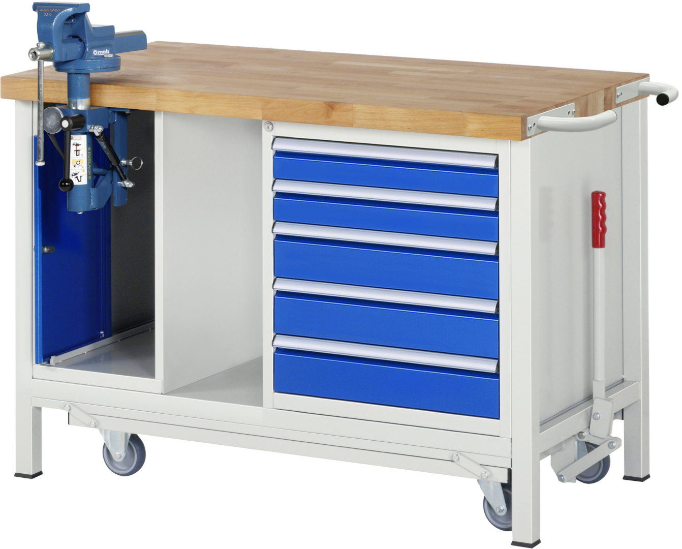 Absenkbare Werkbank Modell 8187 rot - schwarz, BxTxH 1250x700x880 mm,  Buche-Massiv Arbeitsplatte 40 mm,  5 Schubladen mit  Vollauszug 100 % und  SoftClosing