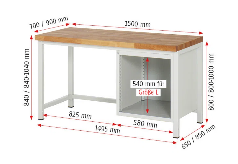 Werkbank Modell 8159 rot - schwarz, BxTxH 1500x900x840-1040 mm,  Buche-Massiv Arbeitsplatte 40 mm,  3 Schubladen mit  Vollauszug 100 % und  SoftClosing