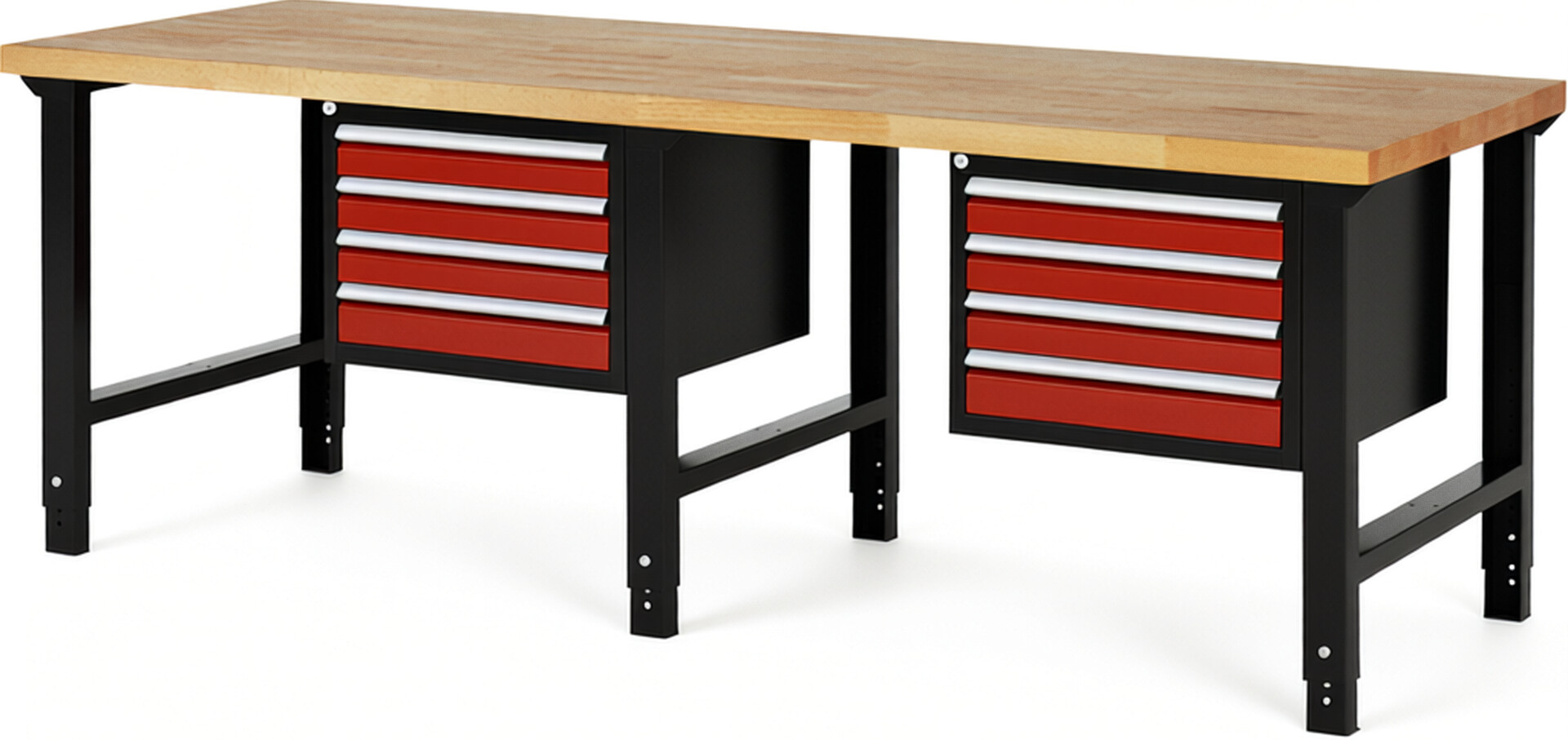 RAU Werkbank schwarz - rot - Breite 250 cm - Tiefe 90 cm - Höhe 114 cm - Buche-Massiv Arbeitsplatte 40 mm