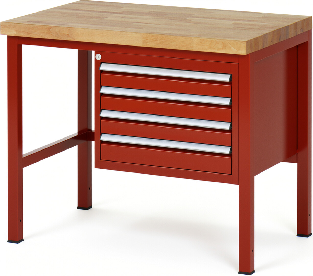 Werkbank Modell 8133 rot, BxTxH 1000x700x840-1040 mm,  Buche-Massiv Arbeitsplatte 40 mm,  4 Schubladen mit  Auszug 90 %
