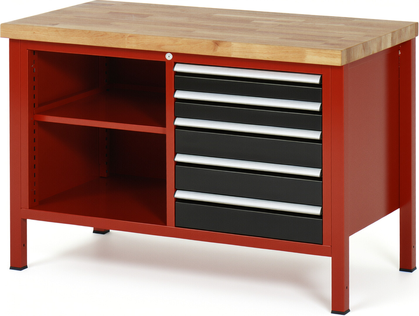 Werkbank Modell 8464 rot - schwarz, BxTxH 1250x700x840-1040 mm,  Buche-Massiv Arbeitsplatte 40 mm,  5 Schubladen mit  Auszug 90 %