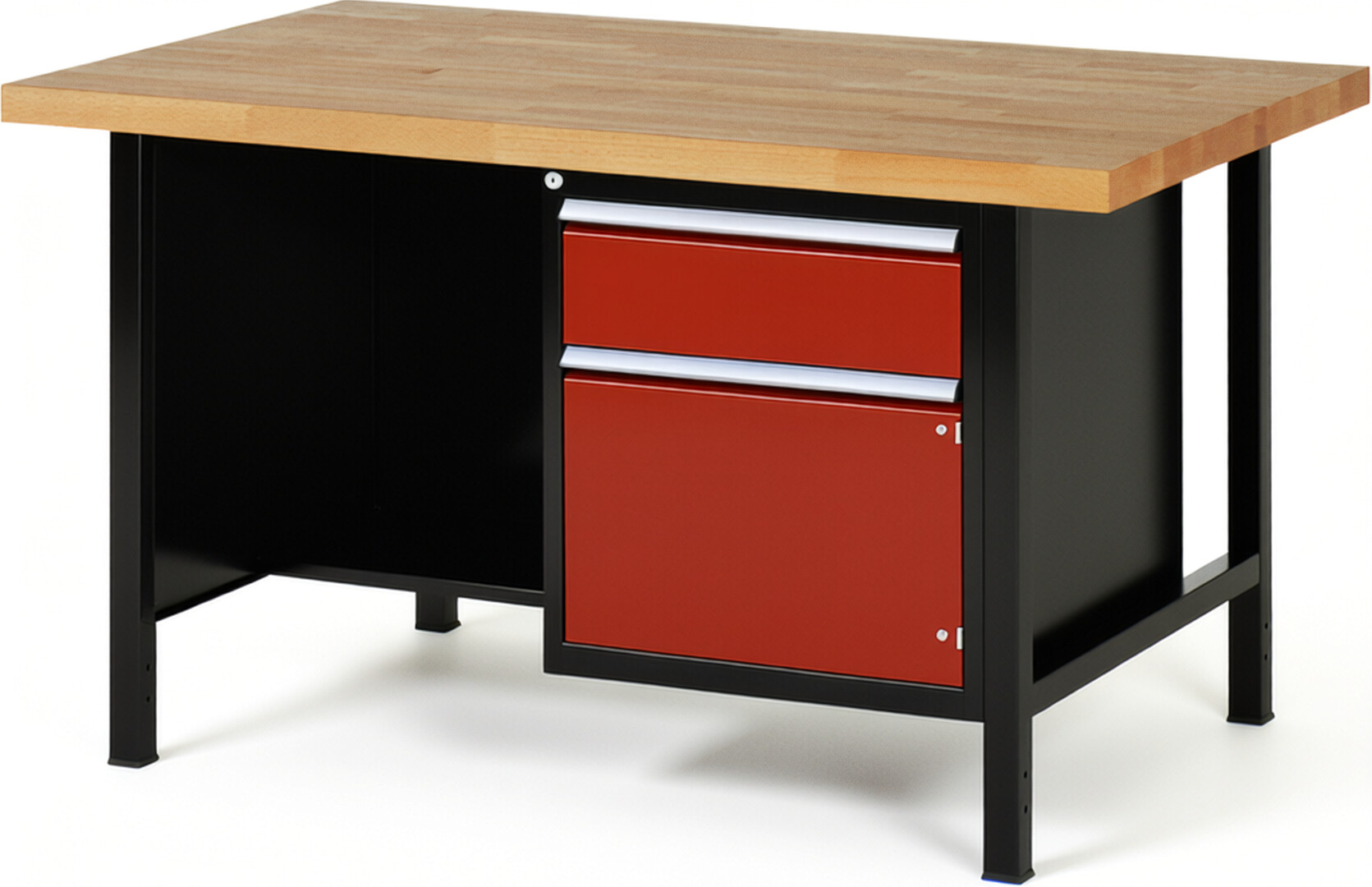 RAU Werkbank schwarz - rot - Breite 150 cm - Tiefe 90 cm - Höhe 104 cm - Buche-Massiv Arbeitsplatte 40 mm