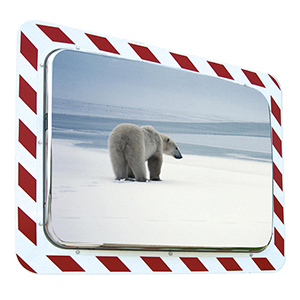 Verkehrsspiegel, Anti-Frost, rot/weißer Rahmen, Spiegelfläche Edelstahl, Rahmen Kunststoff, BxH 800x 600 mm, max. Beobachterabstand 20 m