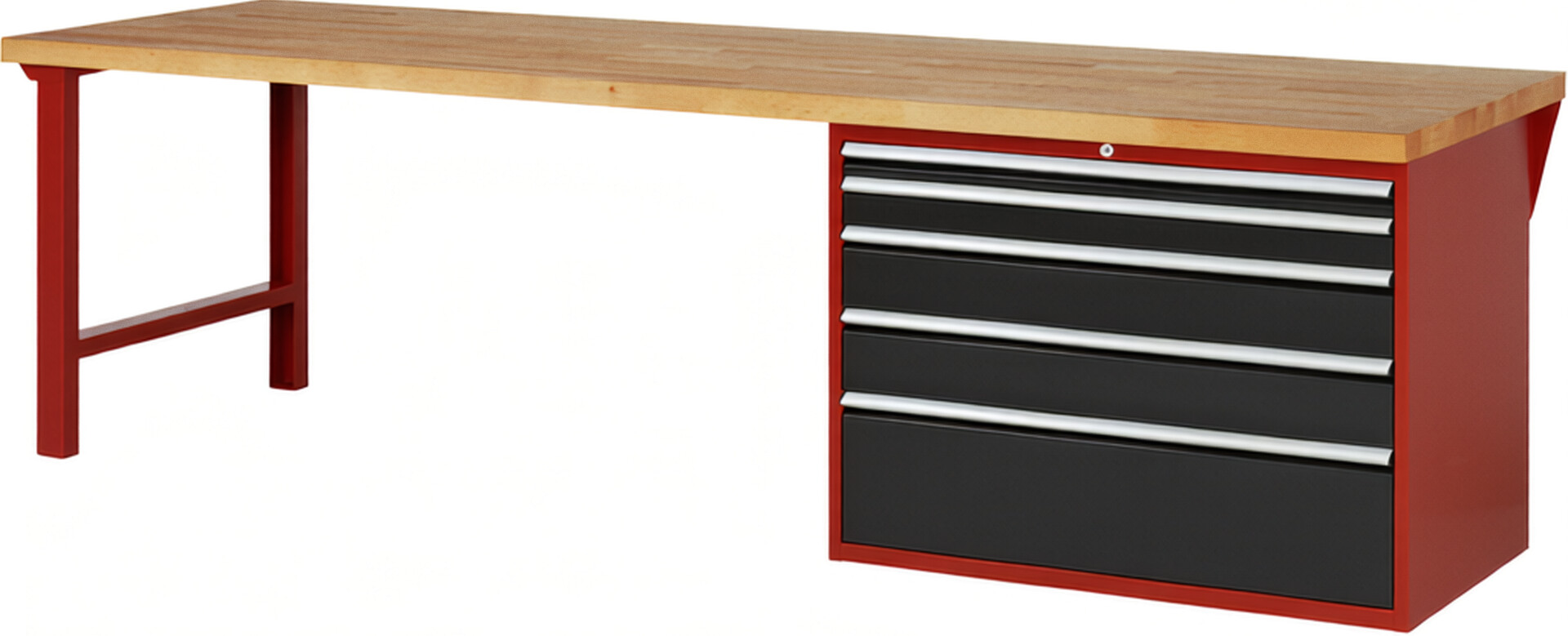 Werkbank Modell 7711 rot - schwarz, BxTxH 3000x900x890 mm,  Buche-Massiv Arbeitsplatte 40 mm,  5 Schubladen mit  Auszug 90 %