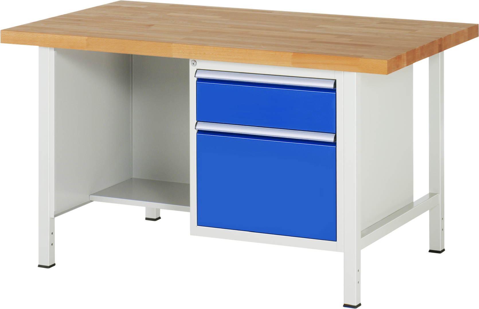 Werkbank Modell 8451,  BxTxH 1500x900x840-1040 mm,  Buche-Massiv Arbeitsplatte 40 mm,  2 Schubladen mit  Auszug 90 %