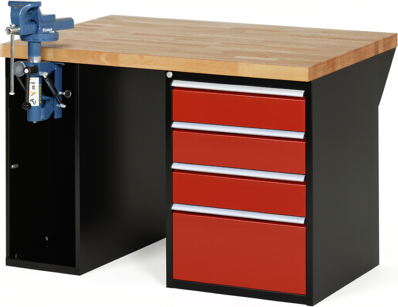 RAU Werkbank schwarz - rot - Breite 125 cm - Tiefe 90 cm - Höhe 89 cm - Buche-Massiv Arbeitsplatte 40 mm