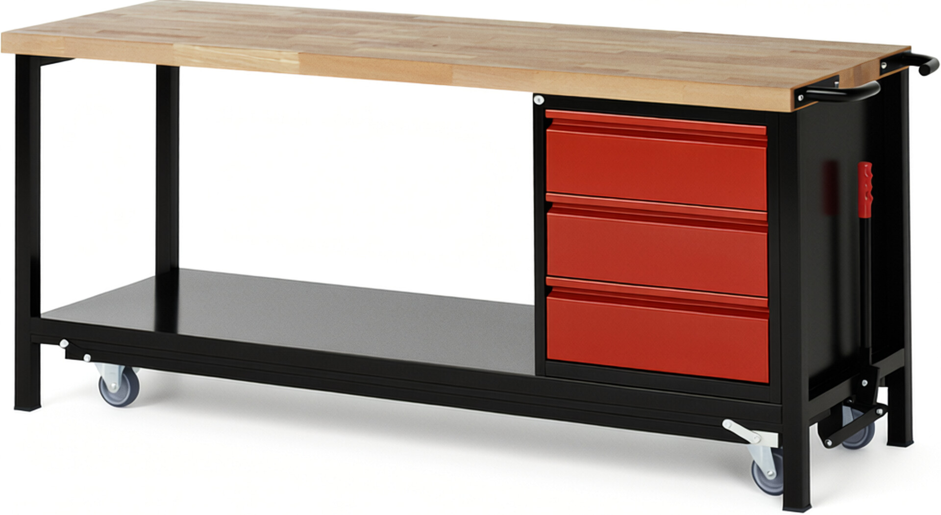 RAU Werkbank schwarz - rot - Breite 200 cm - Tiefe 70 cm - Höhe 88 cm - Buche-Massiv Arbeitsplatte 40 mm