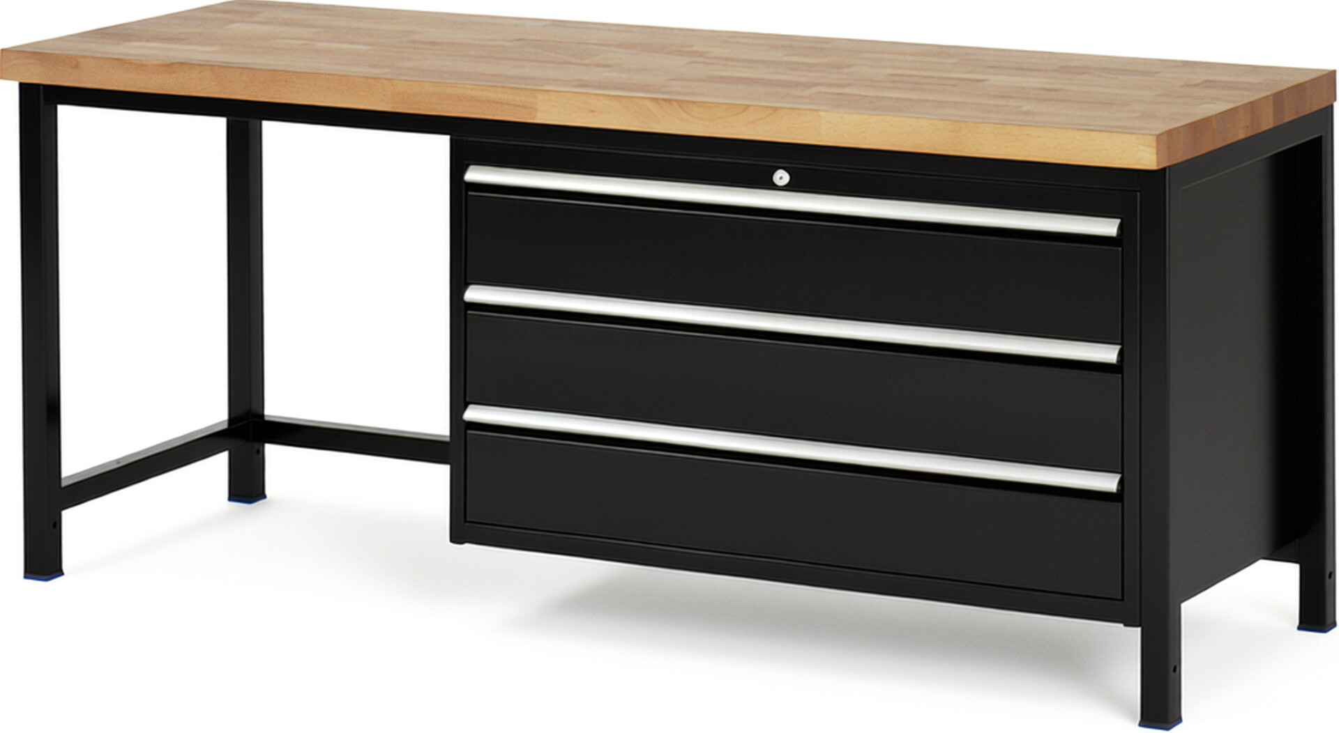 Werkbank Modell 8357 schwarz, BxTxH 2000x700x840-1040 mm,  Buche-Massiv Arbeitsplatte 40 mm,  3 Schubladen mit  Vollauszug 100 % und  SoftClosing