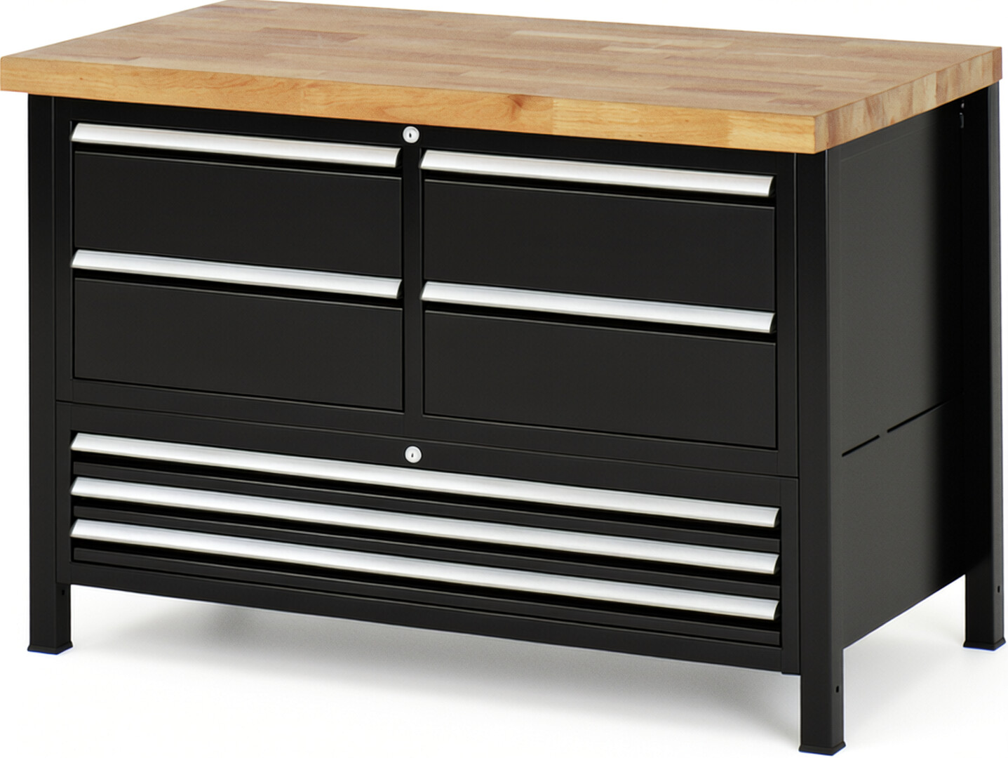 Werkbank Modell 8934 schwarz, BxTxH 1250x700x840 mm,  Buche-Massiv Arbeitsplatte 40 mm,  7 Schubladen mit  Auszug 90 %