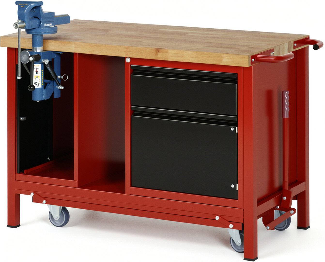 Absenkbare Werkbank - Modell 8181 BASIC rot - schwarz, BxTxH 1250x700x880 mm,  Buche-Massiv Arbeitsplatte 40 mm,  1 Schublade mit  Auszug 90 %