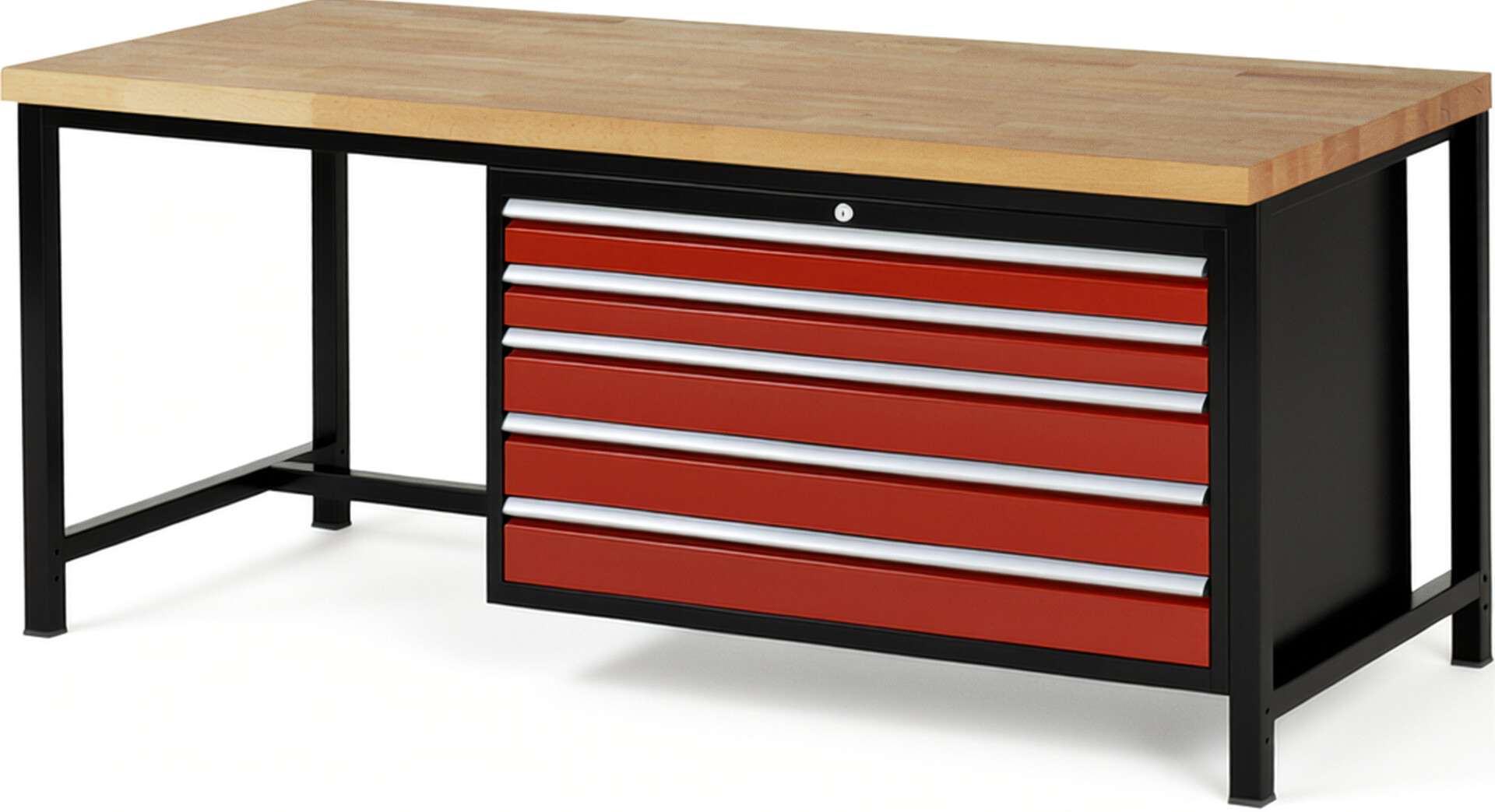 RAU Werkbank schwarz - rot - Breite 200 cm - Tiefe 90 cm - Höhe 104 cm - Buche-Massiv Arbeitsplatte 40 mm