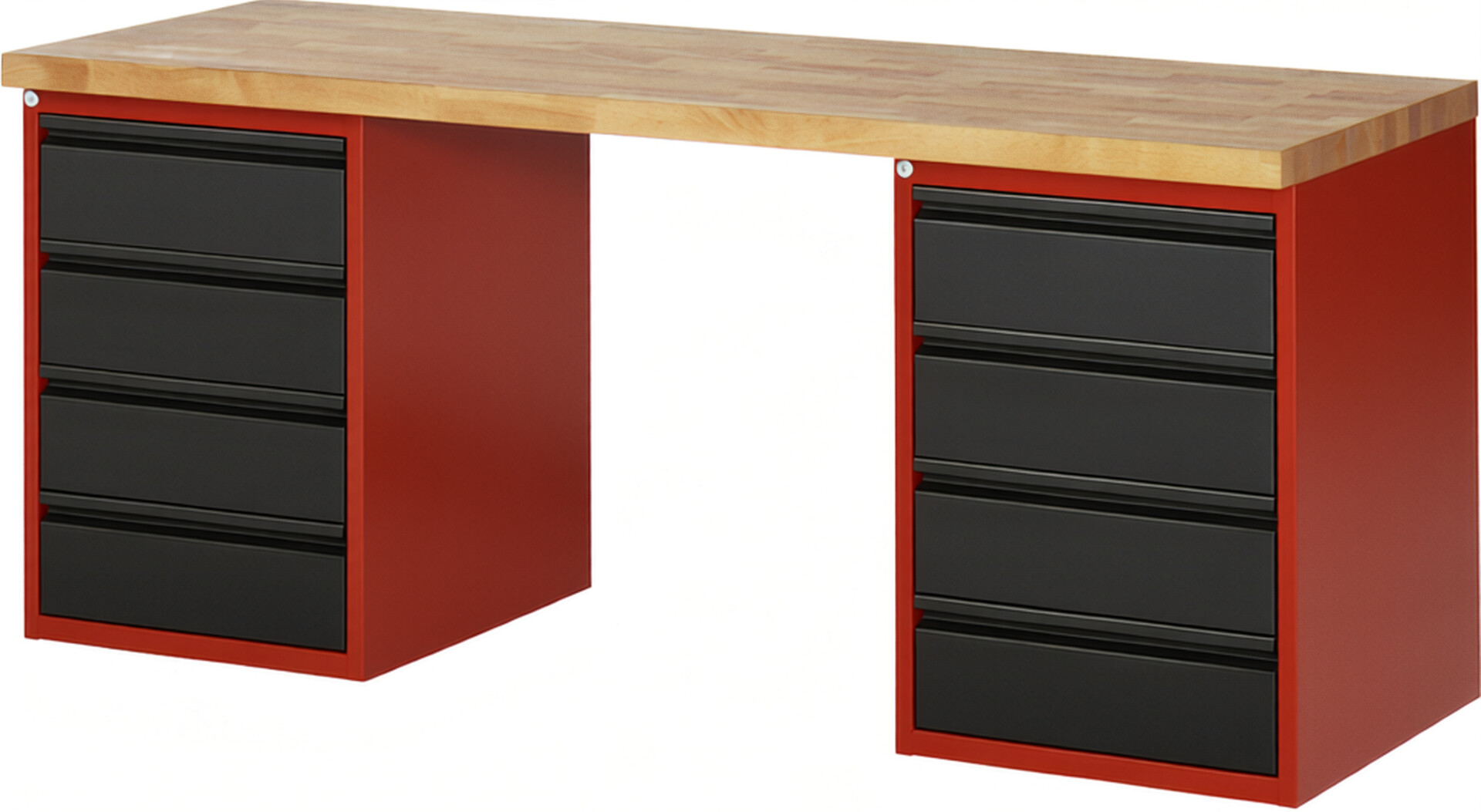 Werkbank - Modell 7509 BASIC rot - schwarz, BxTxH 2000x700x890 mm,  Buche-Massiv Arbeitsplatte 40 mm,  8 Schubladen mit  Auszug 90 %
