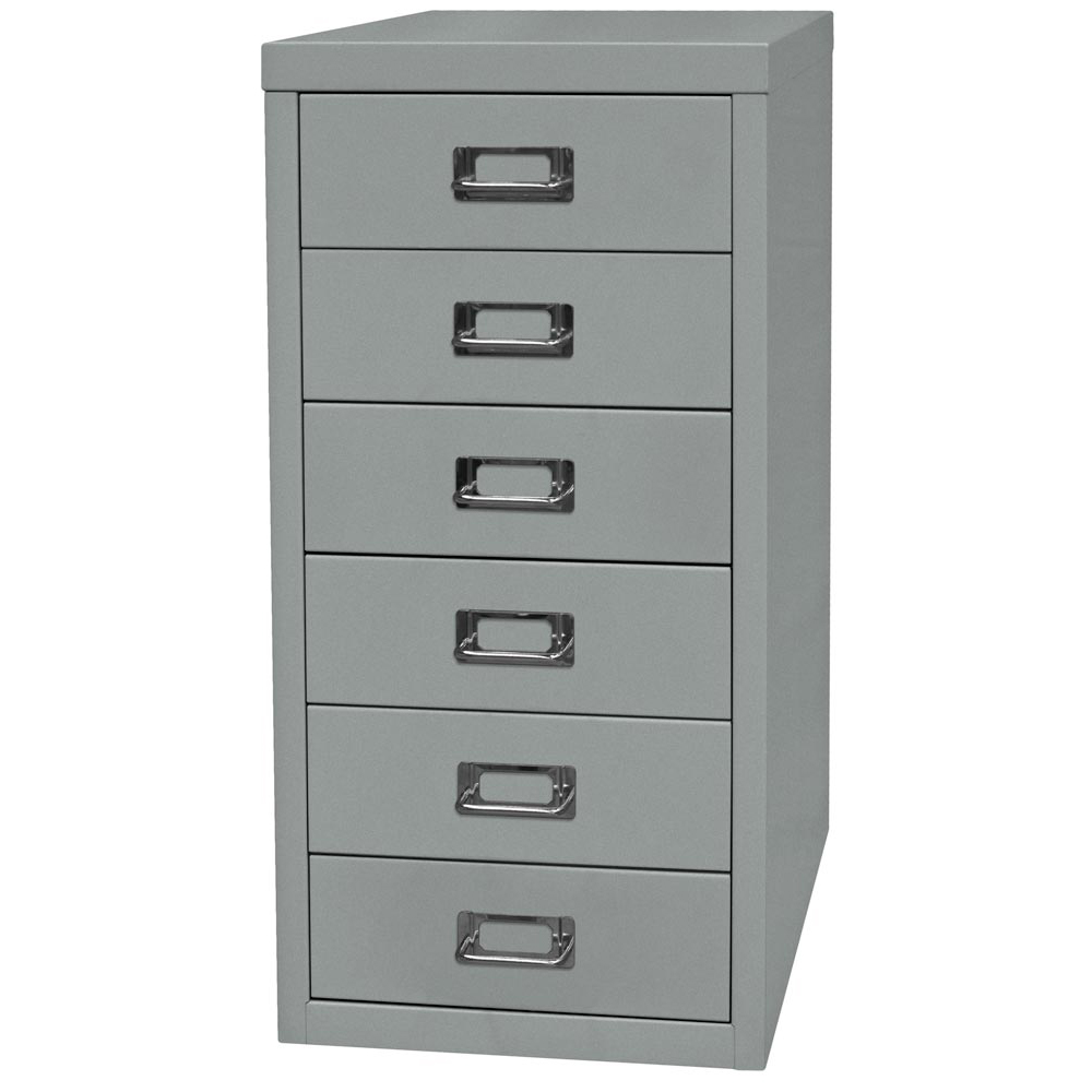 Schubladenschrank aus Stahl, BxTxH 279x380x590 mm, 6 Schubladen 87 mm, DIN A4, silber