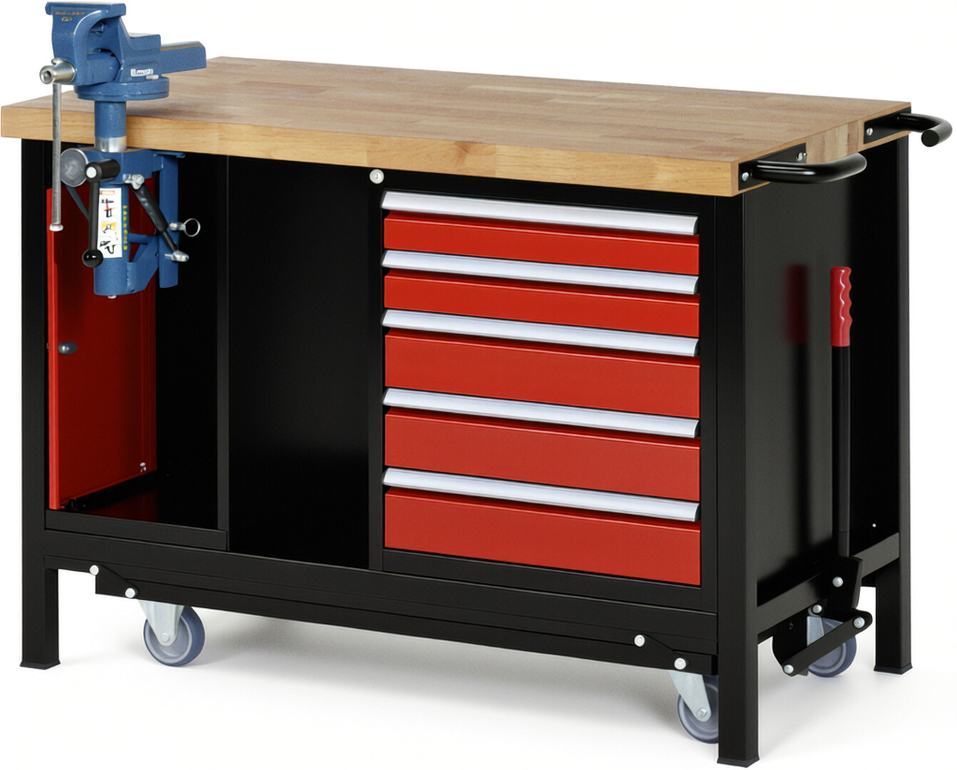 RAU Werkbank schwarz - rot - Breite 125 cm - Tiefe 70 cm - Höhe 88 cm - Buche-Massiv Arbeitsplatte 40 mm