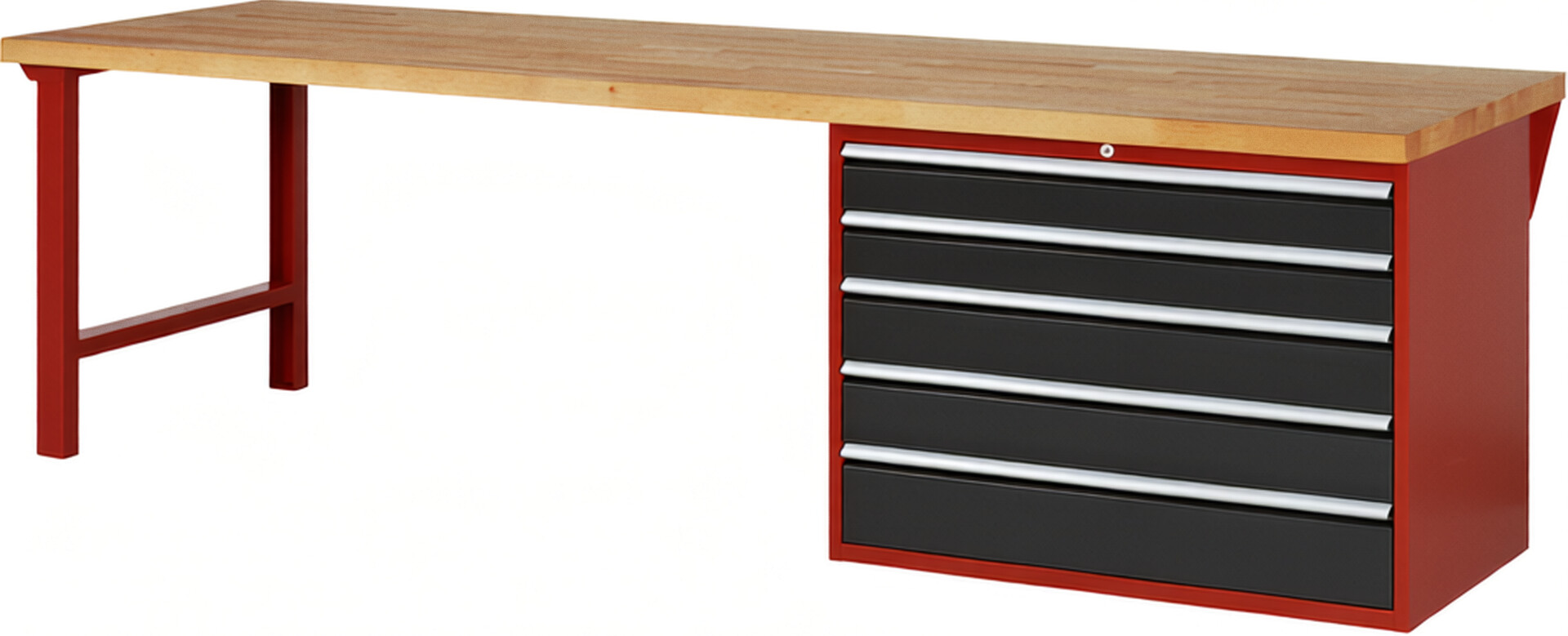 Werkbank Modell 7713 rot - schwarz, BxTxH 3000x900x890 mm,  Buche-Massiv Arbeitsplatte 40 mm,  5 Schubladen mit  Auszug 90 %