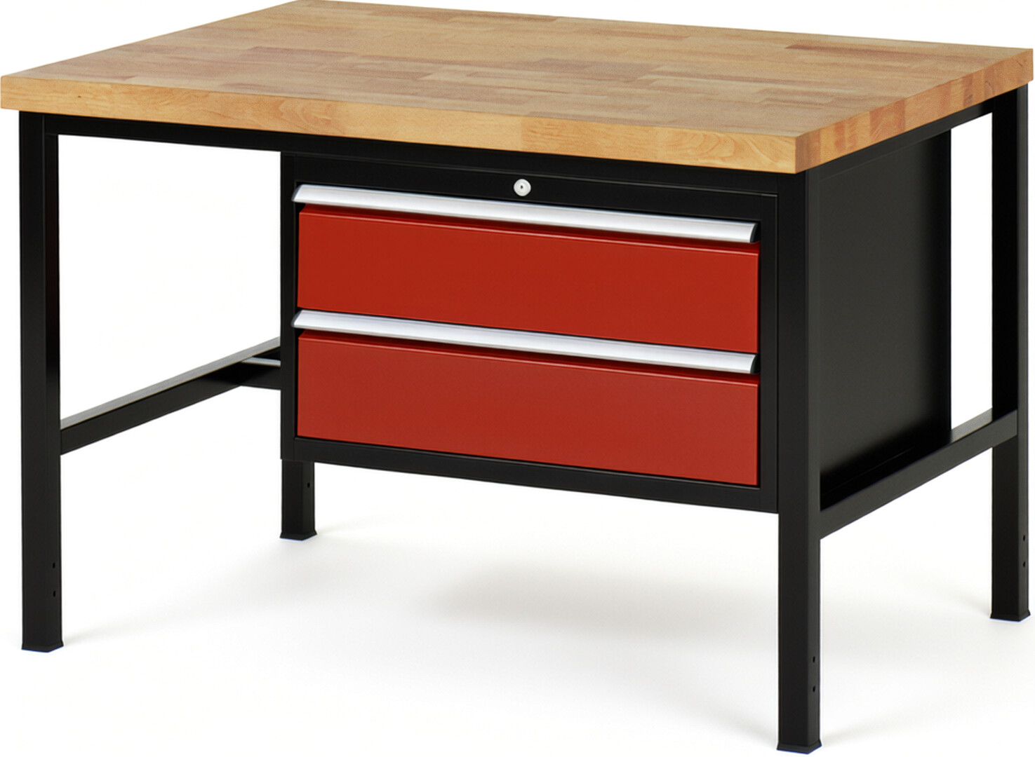 RAU Werkbank schwarz - rot - Breite 125 cm - Tiefe 90 cm - Höhe 104 cm - Buche-Massiv Arbeitsplatte 40 mm